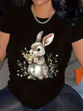 Plus Size - Plus Size - Cute Rabbit Print Plus-Size T-Shirt, Comfortable Round-Neck Top, Made from Soft Fabric, Suitable for All Seasons