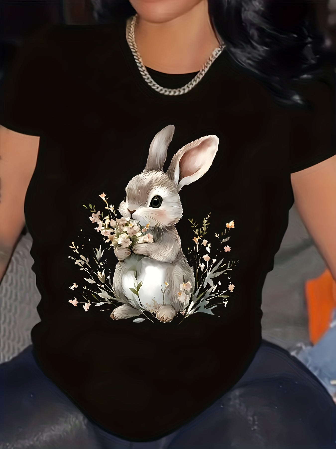 Plus Size - Plus Size - Cute Rabbit Print Plus-Size T-Shirt, Comfortable Round-Neck Top, Made from Soft Fabric, Suitable for All Seasons