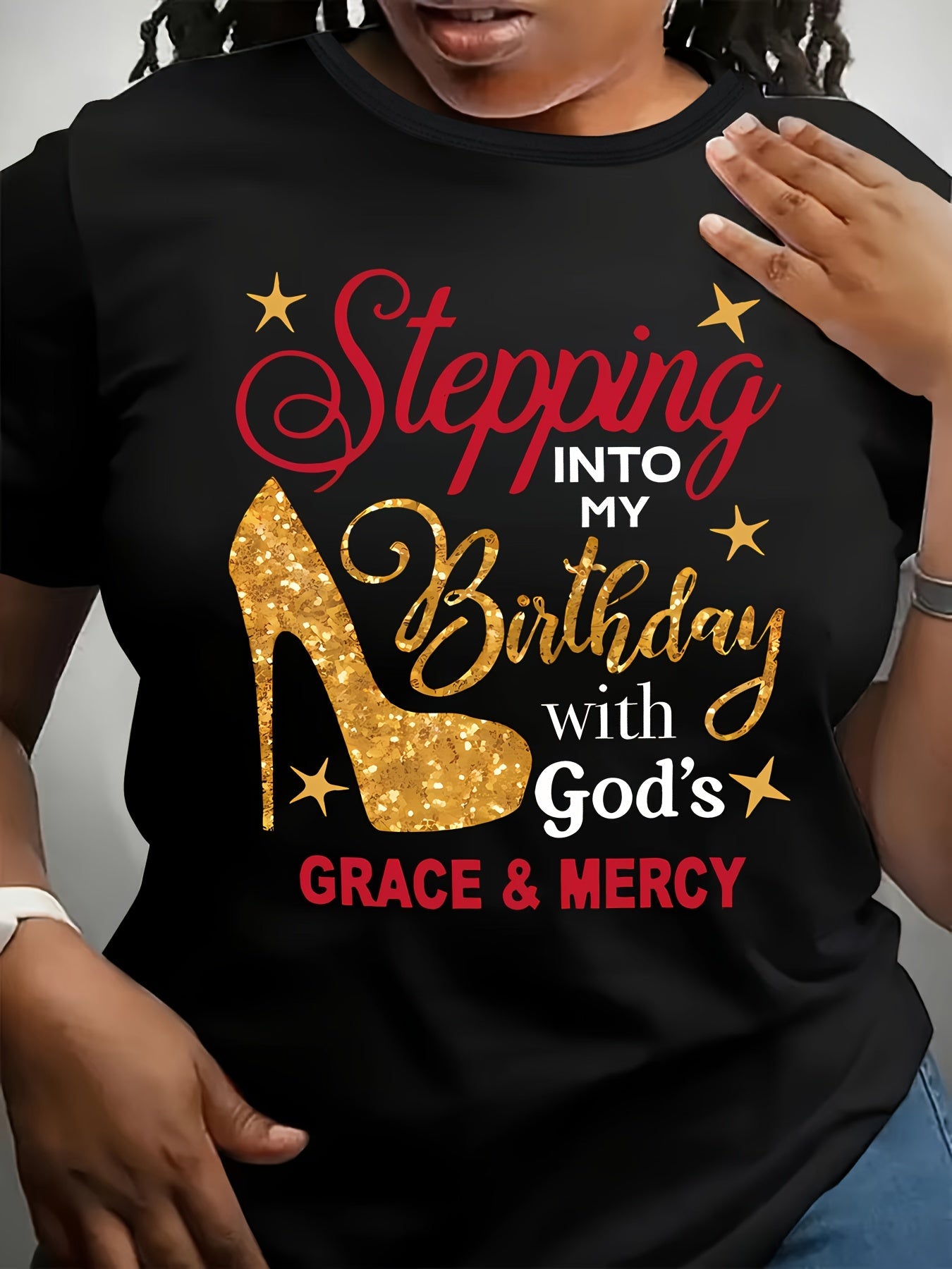 Plus Size, Plus-size Casual Fashion Printed T-shirt for Women, Trendy Lettering, High Heels, Base Layer, Daily Outing