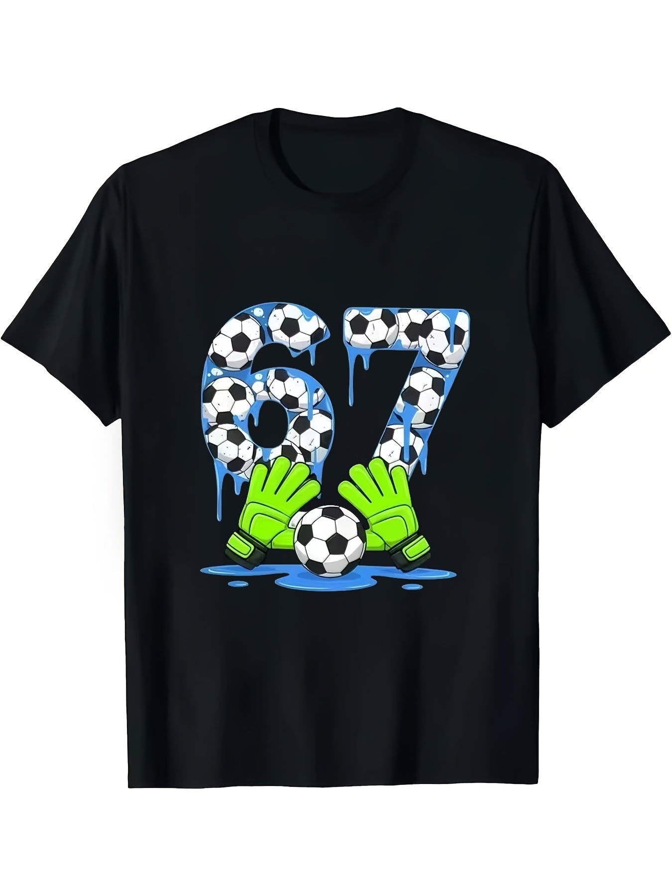 Children's Football "67" T-shirt - Neon Green and Turquoise Football Pattern with Drip Design, Suitable for Casual Round Neck T-shirt of Fans and Players