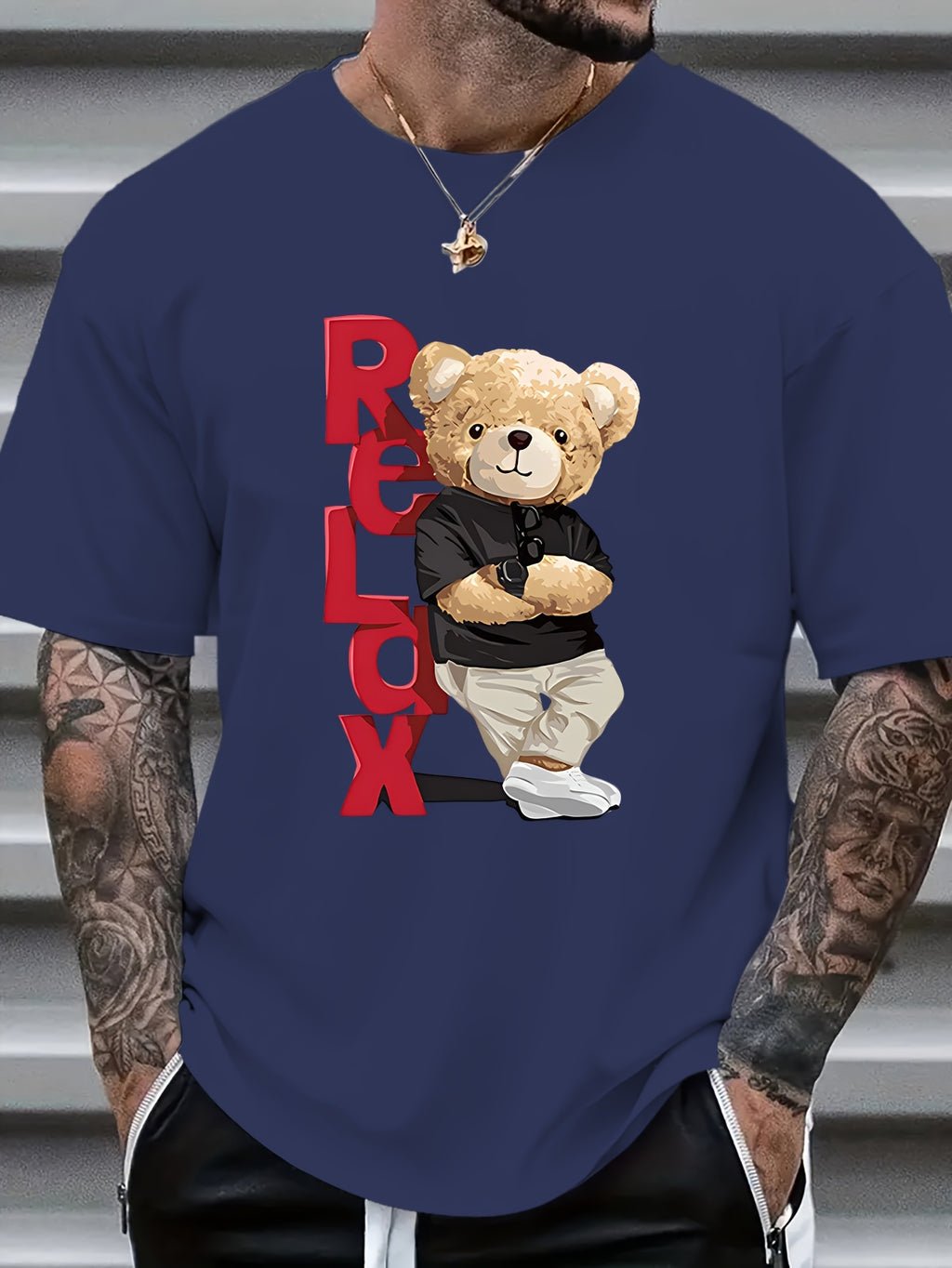 Men's Bear Print Short Sleeve T-Shirt - Summer Casual Round Neck Tee with Bear & Beech Tree Ink Drawing, Comfortable Regular Fit, Machine Washable Opaque Shirt for Outdoor & Casual Attire - In Stock ()