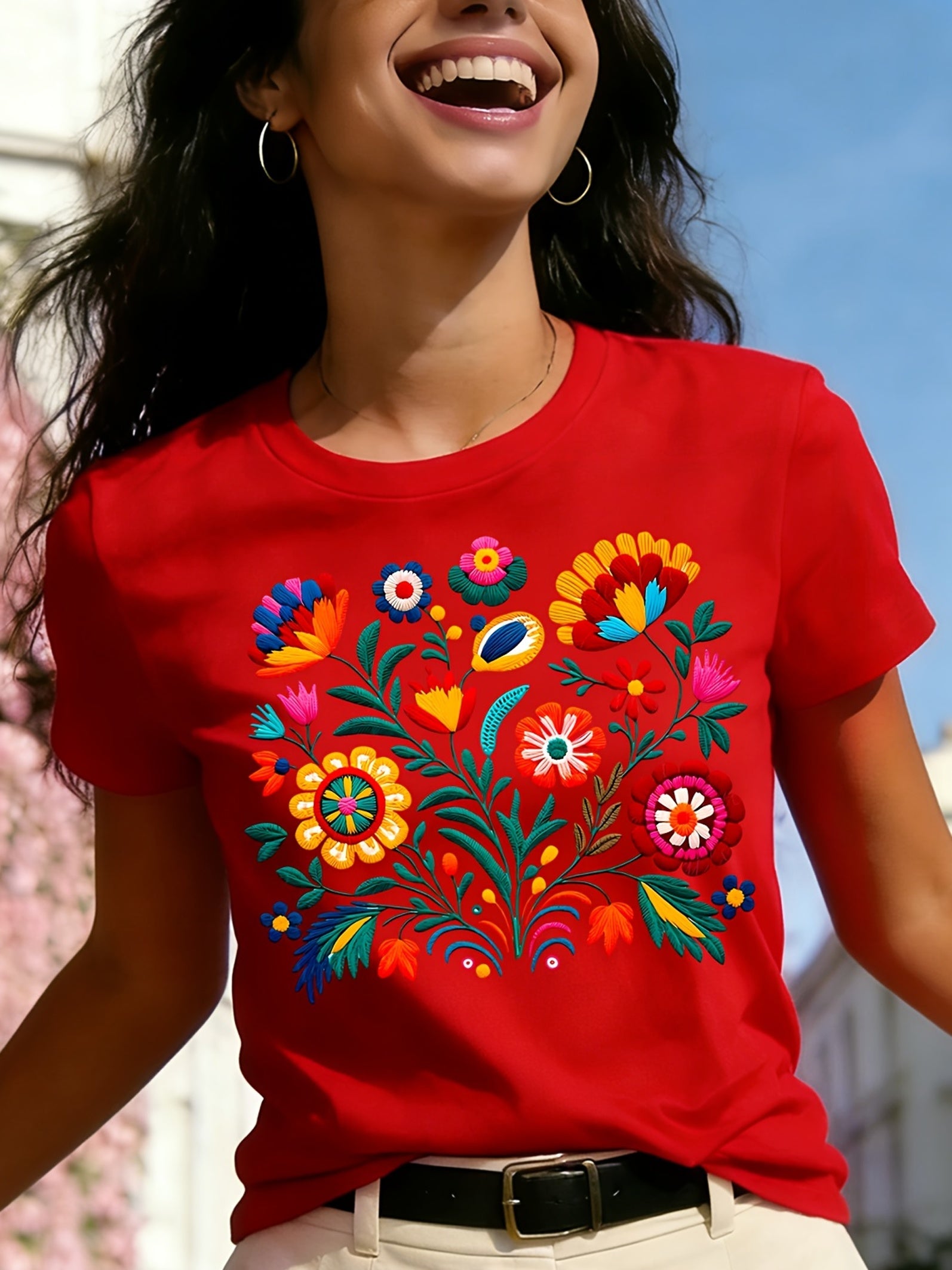 Mexican Color Floral Fiesta Letter Print T-shirt, Casual Short Sleeve Crew Neck Top Women's Clothing