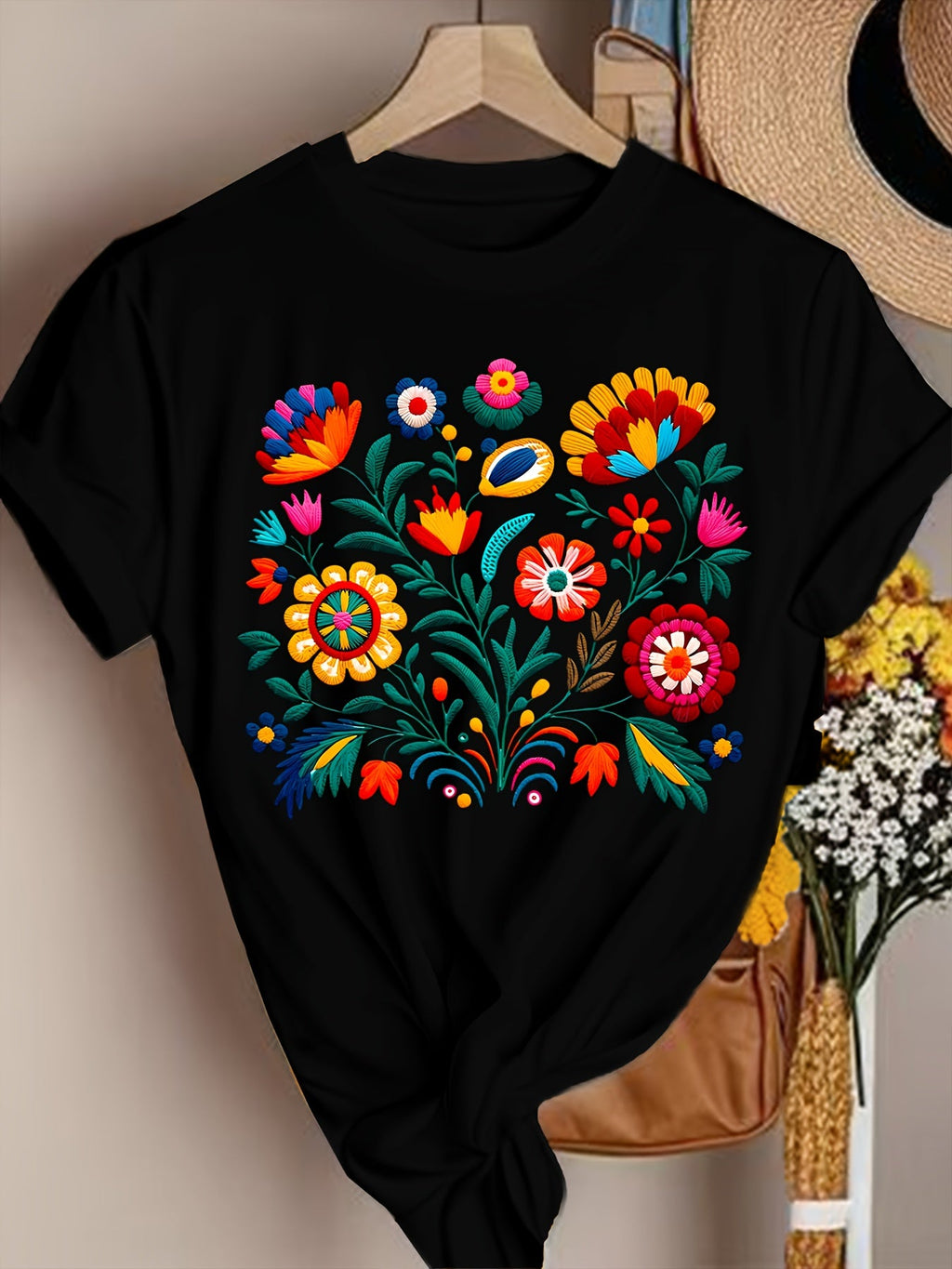 Mexican Color Floral Fiesta Letter Print T-shirt, Casual Short Sleeve Crew Neck Top Women's Clothing