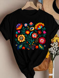 Mexican Color Floral Fiesta Letter Print T-shirt, Casual Short Sleeve Crew Neck Top Women's Clothing