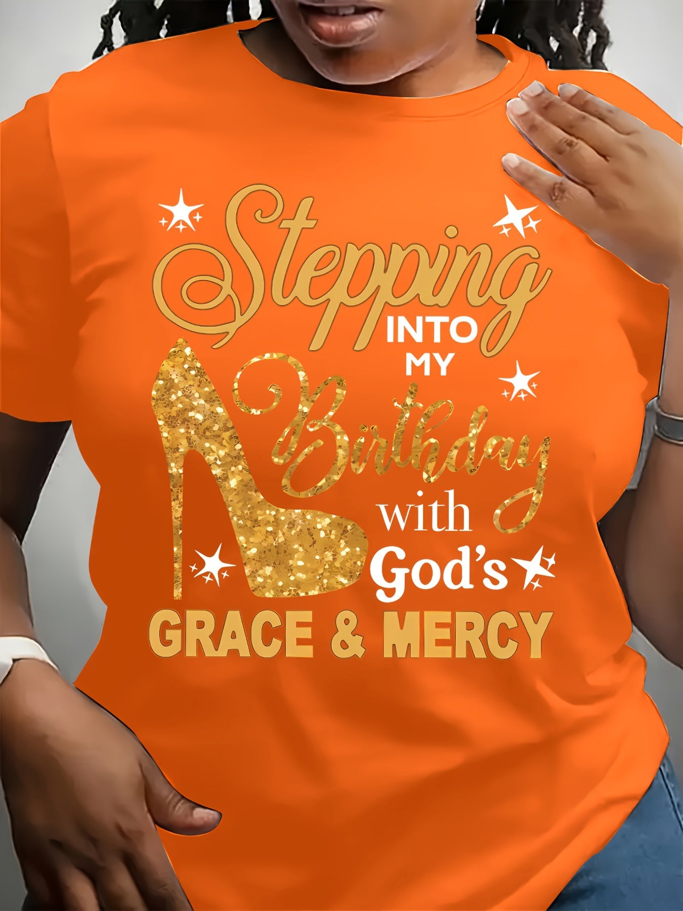 Plus Size, Plus-size Casual Fashion Printed T-shirt for Women, Trendy Lettering, High Heels, Base Layer, Daily Outing