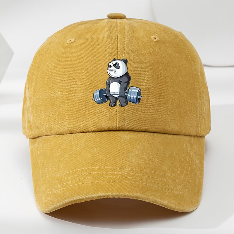 Cartoon Panda Print Baseball Cap, Washed Distressed Classic Flat Brim Hat, Soft Top Comfortable Moisture-Wicking Breathable Cap