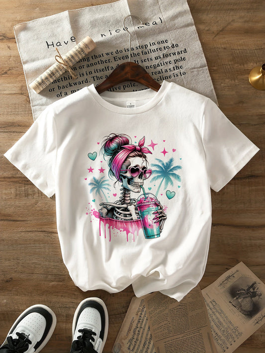 Halloween Coconut Tree Skull Head Breathable Printed Round Neck T-Shirt Casual Shirt New Women'S Holiday Costume Top