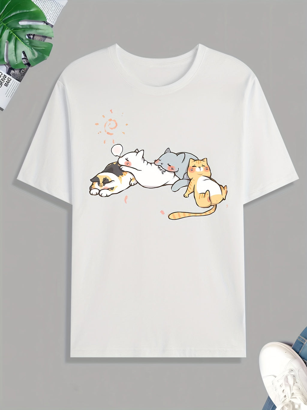 Cute Cats Napping Print Tee Shirt, Tee For Men, Casual Short Sleeve T-shirt For Summer Spring Fall, Tops As Gifts