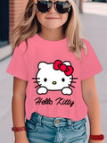 Children's Super Cute Cartoon Hello Kitty Print T-Shirt, Summer Fashion Hit Sanrio Series Round Neck Spliced Short Sleeve Daily Holiday Casual Wear