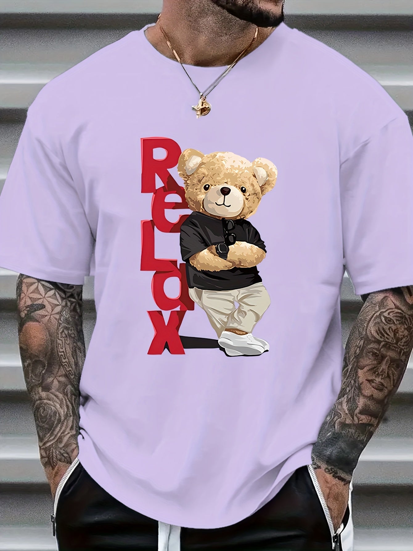 Men's Bear Print Short Sleeve T-Shirt - Summer Casual Round Neck Tee with Bear & Beech Tree Ink Drawing, Comfortable Regular Fit, Machine Washable Opaque Shirt for Outdoor & Casual Attire - In Stock ()