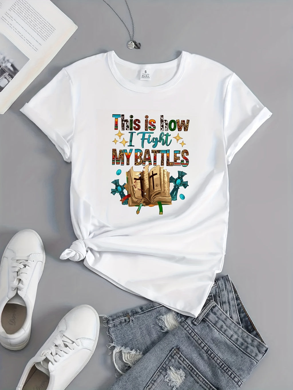 Battles Fashion Women'S Colorful Letter Book Pattern Printed Round Neck T-Shirt, Casual Short-Sleeve Top for Spring And Summer, Women'S Clothing